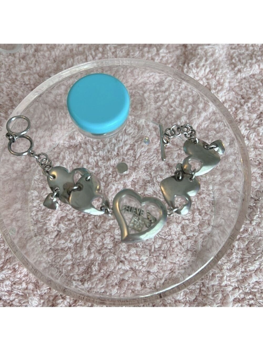 Vintage Glass Heart Locket Charm Bracelet Toggle